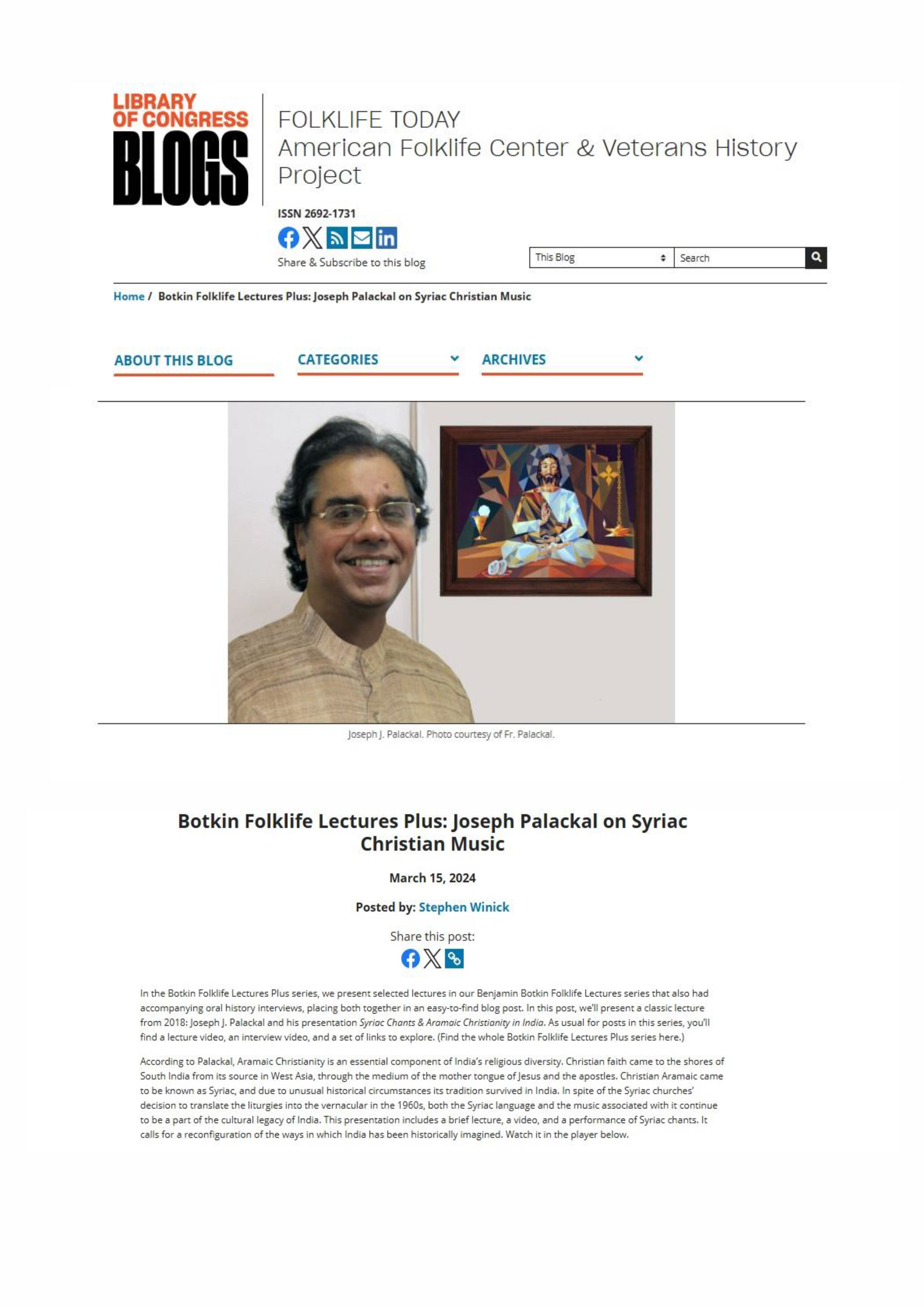 Botkin Folklife Lectures Plus: Joseph Palackal on Syriac Christian Music 